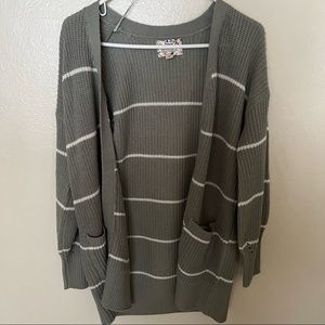 sage green striped open cardigan